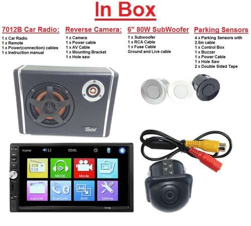 Car Audio Special!! 7" Car Radio + 80W Subwoofer with built-in Amp, Parking Sensors & Reverse Camera