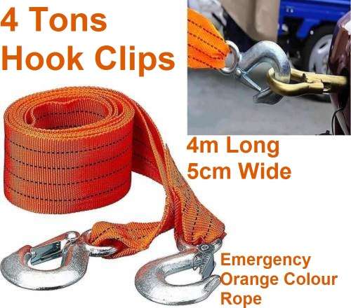 Tow Rope - 4m Towing Rope with Hooks - 4 Ton 4m x 5cm Tow Rope with 2 Hook Clips