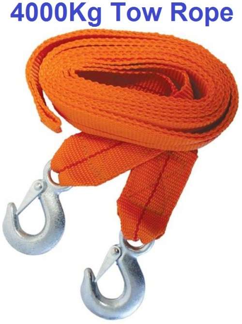 Tow Rope - 4m Towing Rope with Hooks - 4 Ton 4m x 5cm Tow Rope with 2 Hook Clips