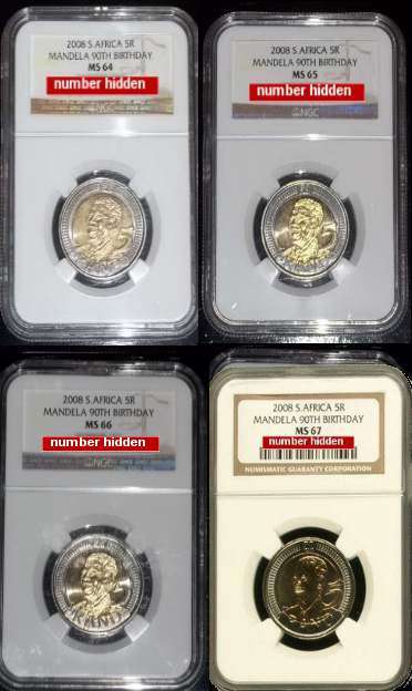 MANDELA 90TH BIRTHDAY 2008 R5 START-UP COLLECTION  *** 4 COINS NGC GRADED *** FREE COURIER