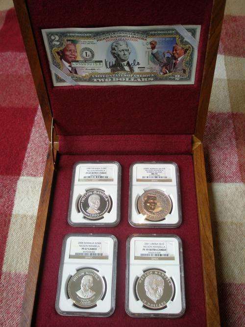 Mandela incl. 2001 Liberia S$10 PF70 Ultra Cameo;2009 Norway Silver MS70;2000 Somalia PF67 Cameo etc