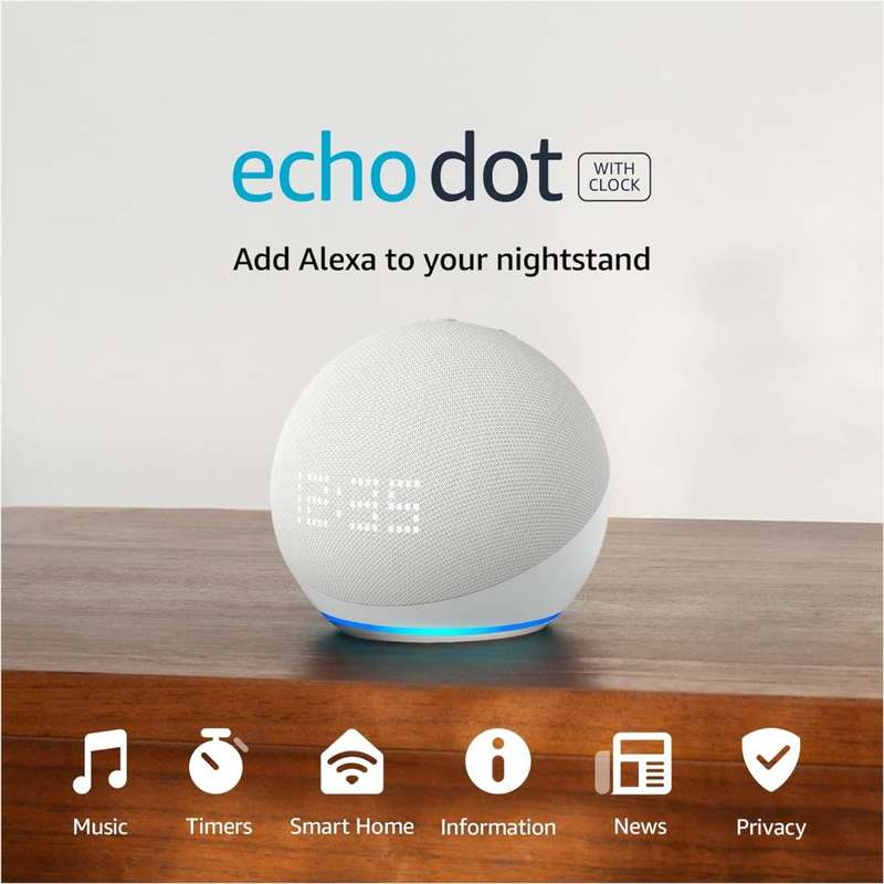 Echo Dot (5th Gen, 2022 release) with clock | Smart speaker with clock and Alexa | Glacier White