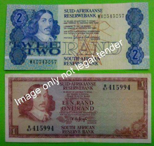 Two rand and One rand signed by TW De Jongh and Gerrhard de Kock