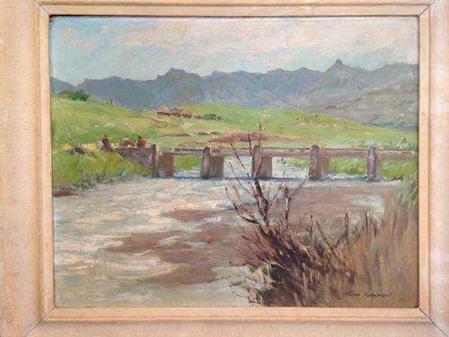 John FERGUSON (XX-XXI) oil on board bridge over river original painting listed south african artist