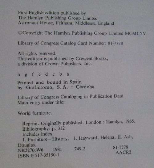 World Furniture - An Ill. History From Earliest Times Edited by Helena Hayward - Hardcover - 320 pag