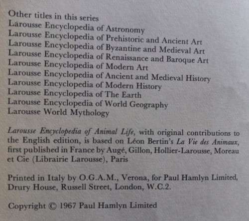 Larousse Encyclopedia of Animal Life - Paul Hamlyn London - Hardcover - 640 Pages