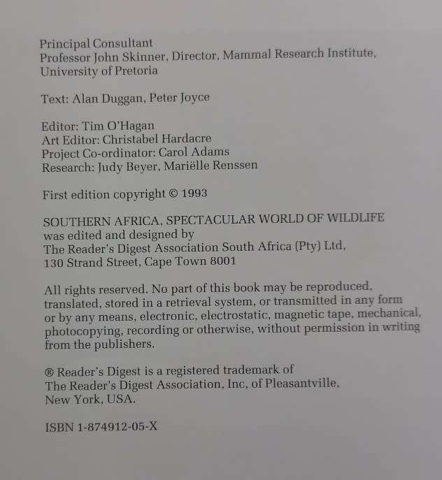 Southern Africa Spectacular World of Wildlife - Reader`s Digest - Hardcover - 272 Pages