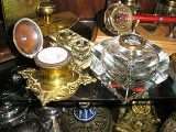COLLECTION OF 15 INKWELLS , BRASS, GLASS, WOOD, VARIOUS ..GORGEOUS