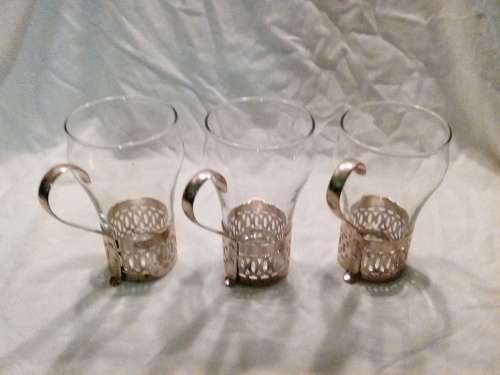 THESE ARE 3 STUNNING TURKISH COFFEE GLASSES IN STEEL STANDS - BEAUTIFUL!!