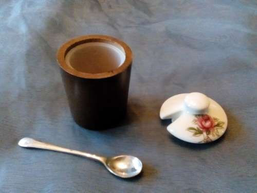 I HAVE SUCH AN EXQUISITE LITTLE WOOD MUSTARD POT WITH PORCELAIN LID AND STEEL SPOON!!!