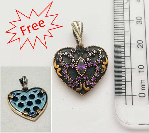 925 Sterling Silver Heart Shaped Ring with Amethysts + Matching Pendant