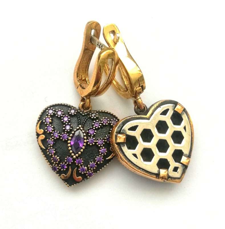 Authentic Turkish Amethyst Earrings in 925 Sterling Silver with Bronze Datail