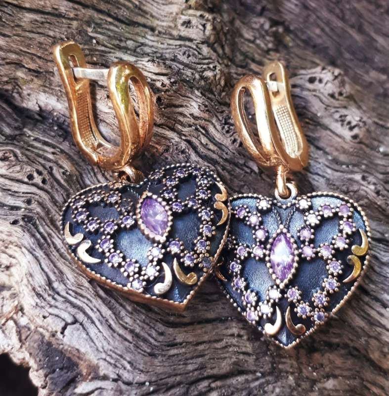 Authentic Turkish Amethyst Earrings in 925 Sterling Silver with Bronze Datail