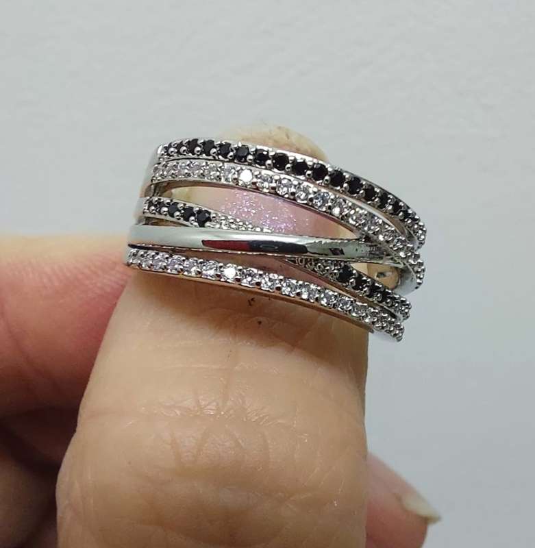 925 Sterling Silver Plated Ring with White & Black Cubic Zirconias
