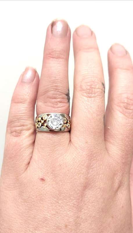 Silver Fashion Ring with Yellow Gold Detail and White Cubic Zirconias