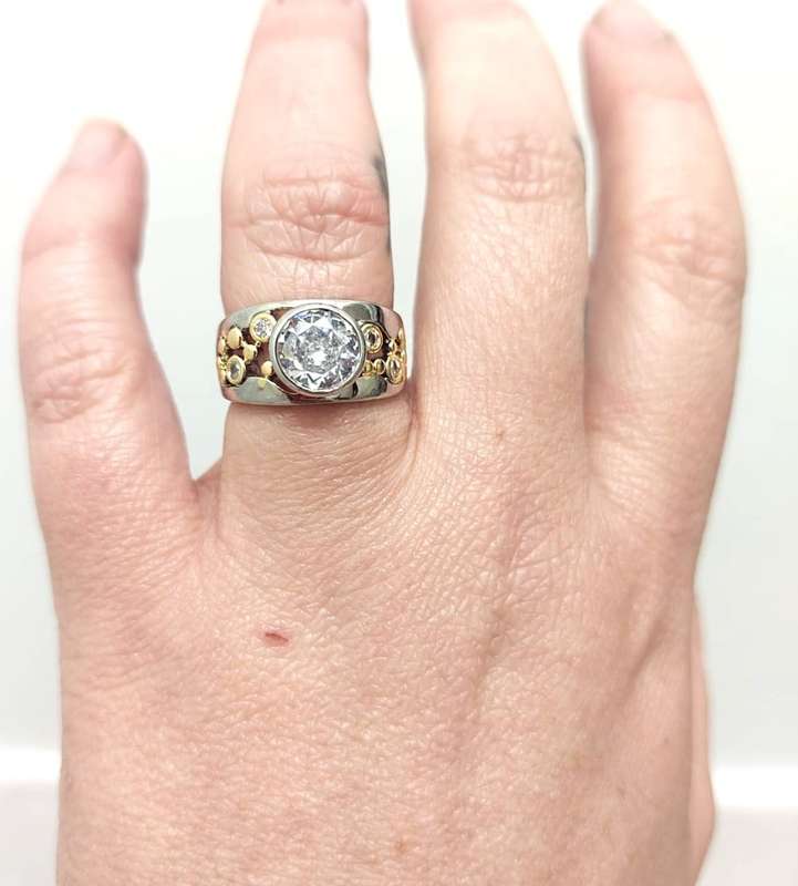 Silver Fashion Ring with Yellow Gold Detail and White Cubic Zirconias