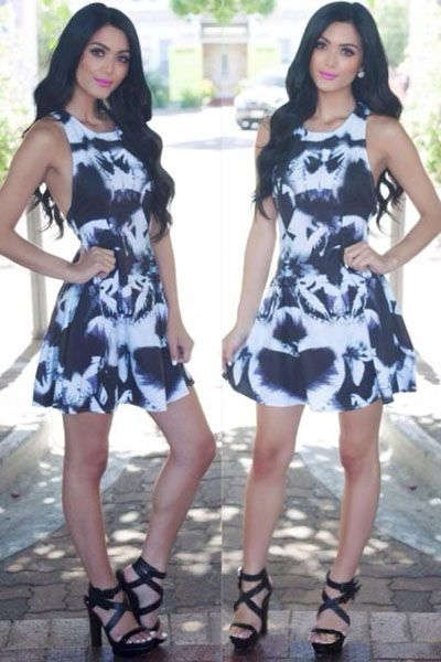 Black White Print Backless Halter Dress - Medium to Large (In stock)