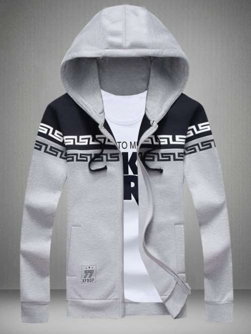 Printed Color Splicing Drawstring Zip Up Hoodie - Gray - Medium (In stock)