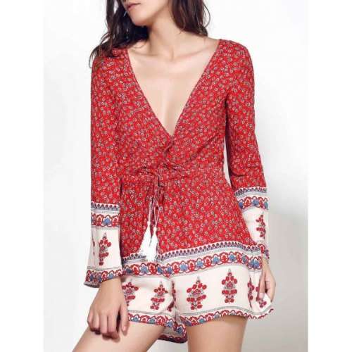 Ethnic Plunging Neck Long Sleeve Printed Drawstring Women's Romper - Small (In stock)