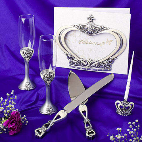 Wedding Accessories - Crown Design Accessory Set (Guest Book, Flute Set, Cake/Knife Set and Pen Set)