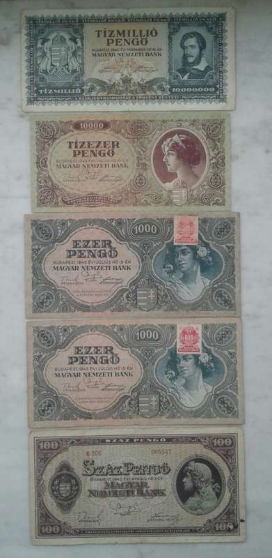 Hungary 1945 100 to 10 Million Pengo (5 notes)