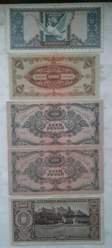 Hungary 1945 100 to 10 Million Pengo (5 notes)