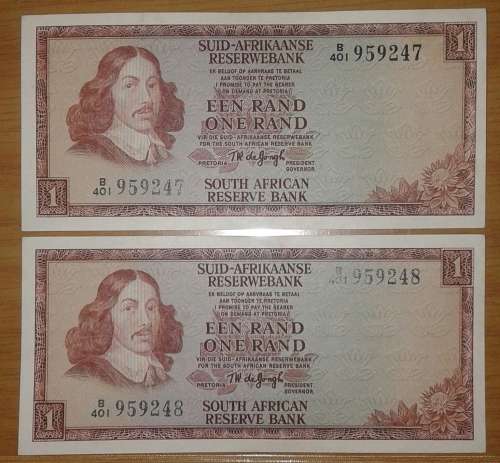 1975 TW de Jongh R1 notes in sequence X2 in Extra Fine Condition