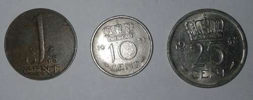 1948 one cent, 1951 ten cent & 1948 twenty-five cent Netherlands