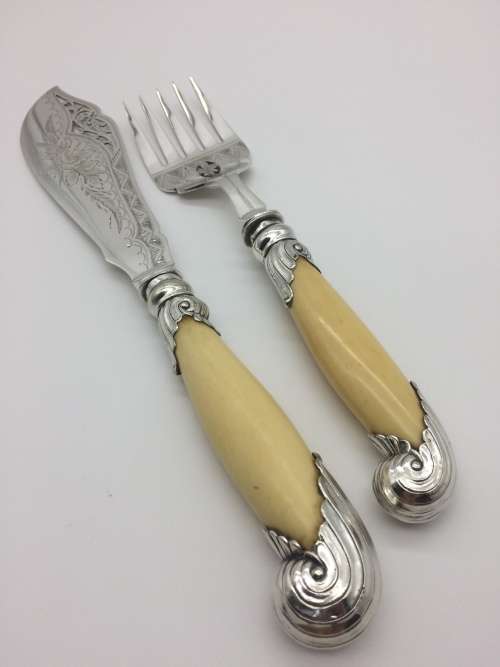 Victorian Silver Plated and Ivory Fish Servers