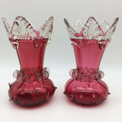 Superb Matching Pair of Antique Cranberry Glass Vases