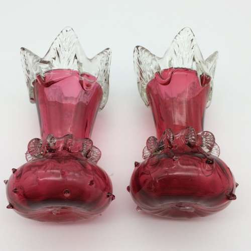 Superb Matching Pair of Antique Cranberry Glass Vases
