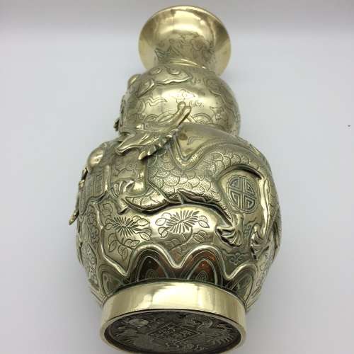 Amazing Early Large Signed Chinese Brass Dragon Vase