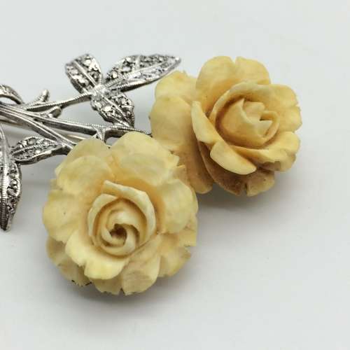 Lovely Vintage Silver Marcasite Carved Rose Brooch