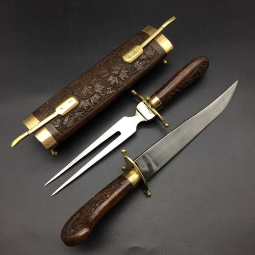 Beautiful Vintage Wood and Brass Cased Knife and Fork Carving Set
