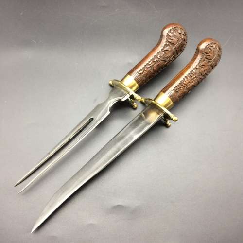 Beautiful Vintage Wood and Brass Cased Knife and Fork Carving Set