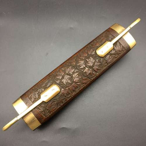 Beautiful Vintage Wood and Brass Cased Knife and Fork Carving Set