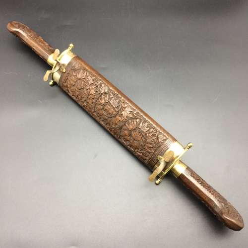 Beautiful Vintage Wood and Brass Cased Knife and Fork Carving Set
