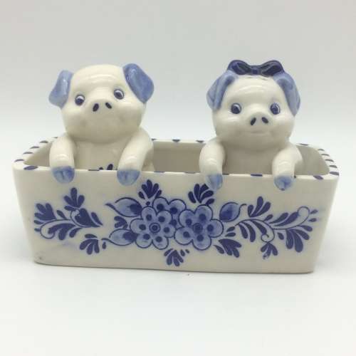 Cute `Delft Blue Pigs` Salt and Pepper Pots on Stand