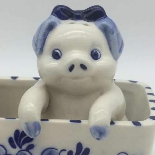 Cute `Delft Blue Pigs` Salt and Pepper Pots on Stand