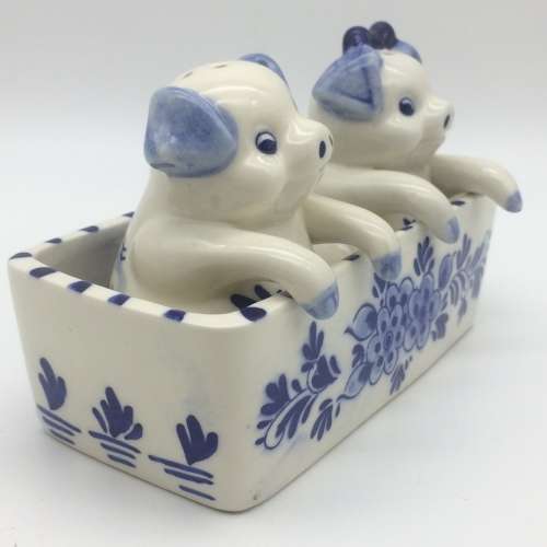 Cute `Delft Blue Pigs` Salt and Pepper Pots on Stand