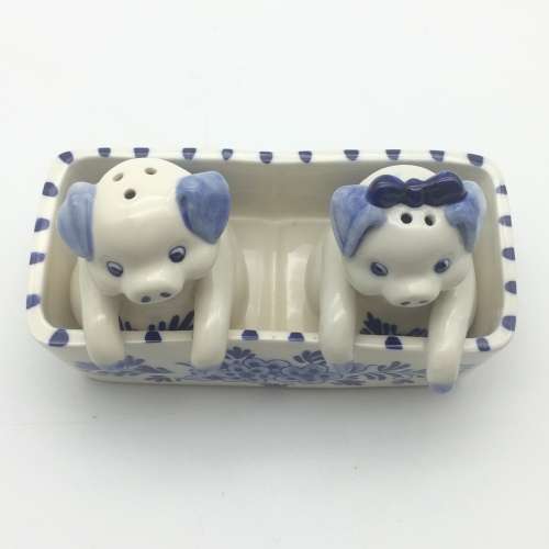 Cute `Delft Blue Pigs` Salt and Pepper Pots on Stand
