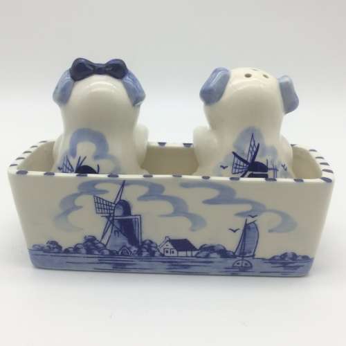 Cute `Delft Blue Pigs` Salt and Pepper Pots on Stand