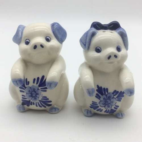 Cute `Delft Blue Pigs` Salt and Pepper Pots on Stand