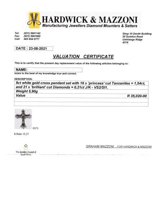 Amazing 9ct White Gold, Diamond and Tanzanite Cross (V. R35000)