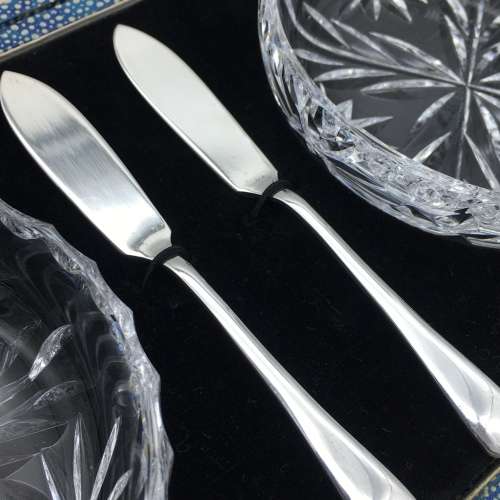 Lovely Pair of Cut-Crystal Butter Dishes and Knives (Boxed)