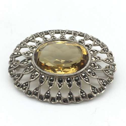 Vintage Silver, Marcasite and Citrine Brooch