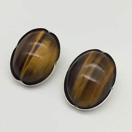 Solid Silver and Tigers Eye Brooch and Earrings (1960`s)