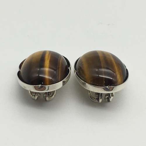 Solid Silver and Tigers Eye Brooch and Earrings (1960`s)