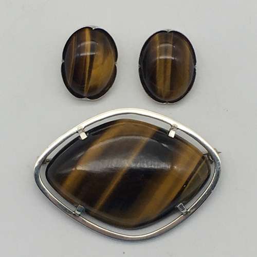 Solid Silver and Tigers Eye Brooch and Earrings (1960`s)