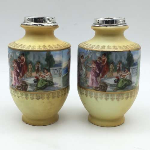 Pair Antique Porcelain and Silver Neo-Classical Vases (1910)